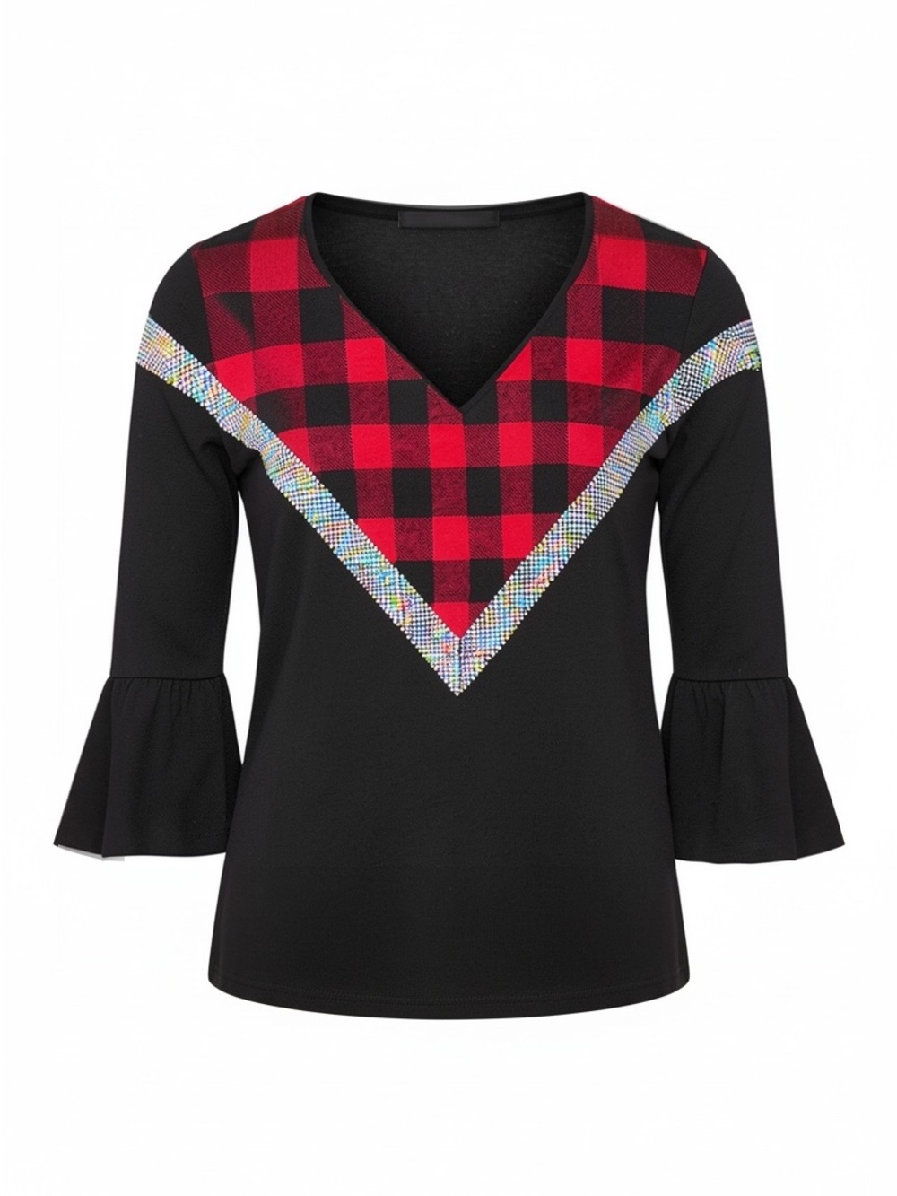 Lily Black Top with Red Buffalo Plaid V-Panel and Rhinestone Trim - Size Medium